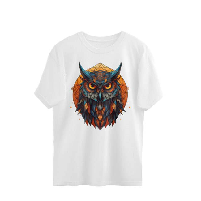 AZGUVI Emerged Owl With Geometric Design Background OverSized T-Shirt