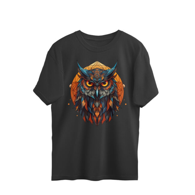AZGUVI Emerged Owl With Geometric Design Background OverSized T-Shirt - Image 3