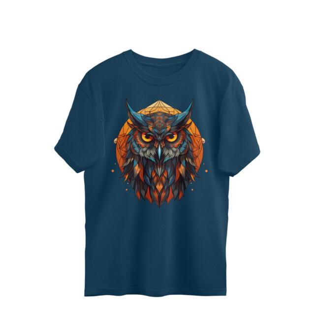 AZGUVI Emerged Owl With Geometric Design Background OverSized T-Shirt - Image 5